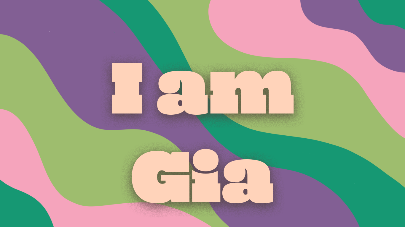 A pink, purple, peach, green, and yellow-green squiggle background with the text: I am Gia